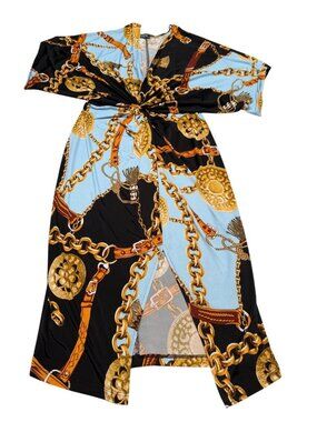 Lovely Day Chain Print Knot Front Midi Empire Dress Low Cut V-neck w/Slit Sz M